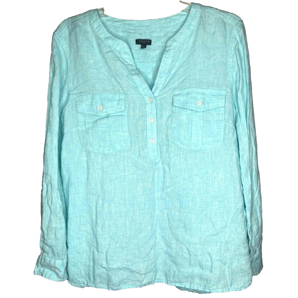Talbots 100% Linen‎ Blouse Women's XL petite Long Sleeve Shirt Blue beach resort - Picture 3 of 7